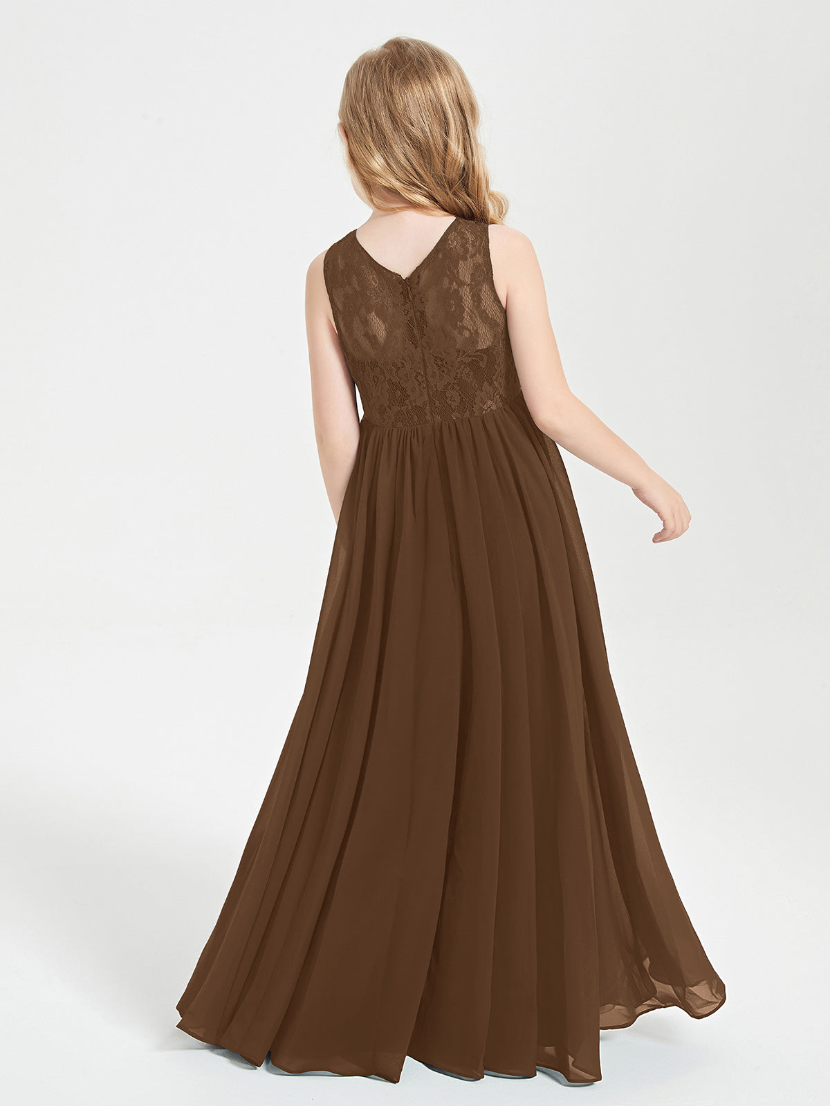 Long Junior Bridesmaid Dresses Illusion Lace Top Brown